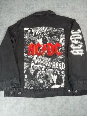 AC/DC Black Denim Jacket Mens Large Band Graphic Trucker Jean Jacket Rock